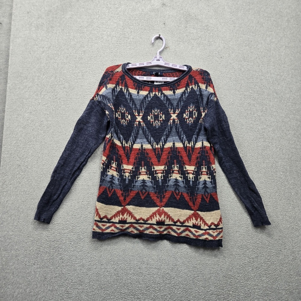 Chaps Women Sweater S Navy Geometric Striped Southwestern Aztec Pullover Casual